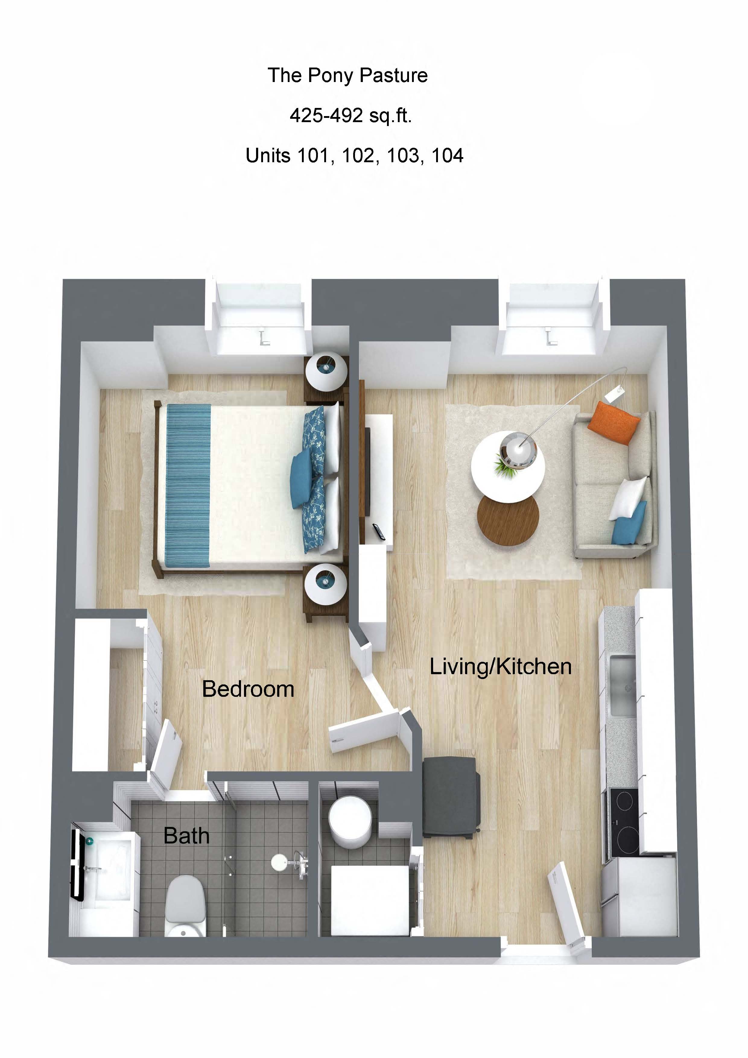 Floor plan for 1 bed, 1 bath, 425 sqft